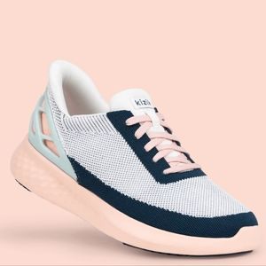 Kizik Women’s White & Navy Knit Sneaker with Pink Accents